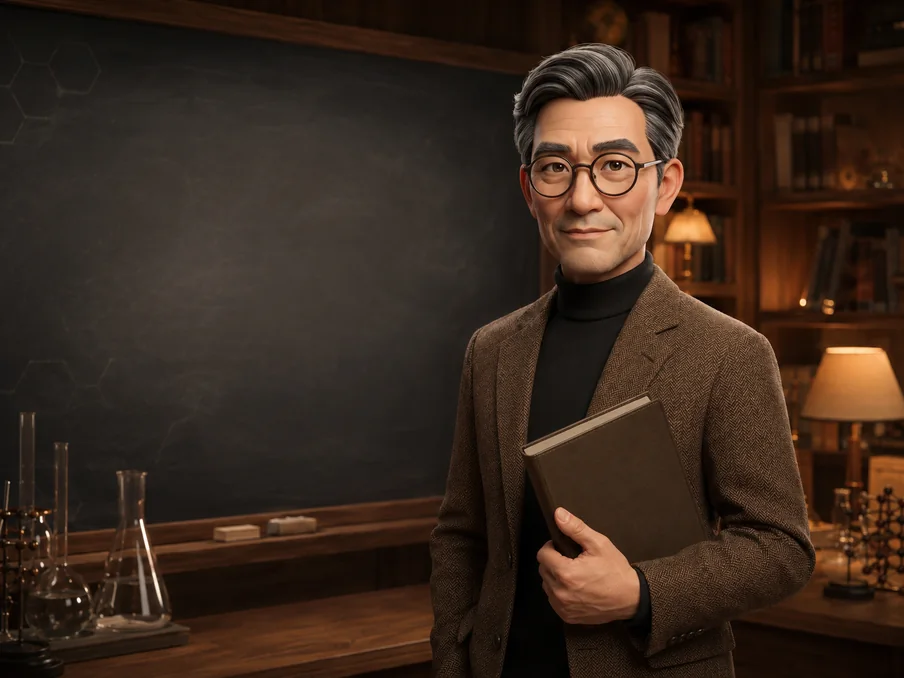 A chemistry tutor holding a plain reference book in a warm study