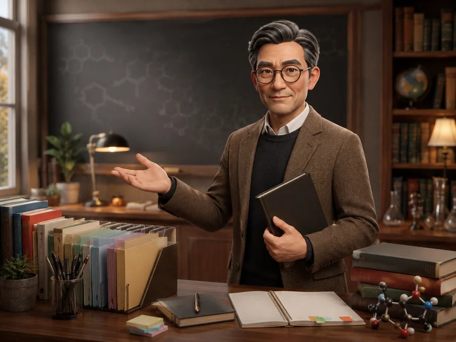 A chemistry tutor beside organised course folders